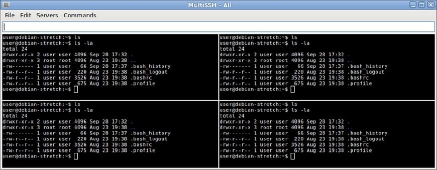 MultiSSH MSSH Tool connected to multiple SSH servers.